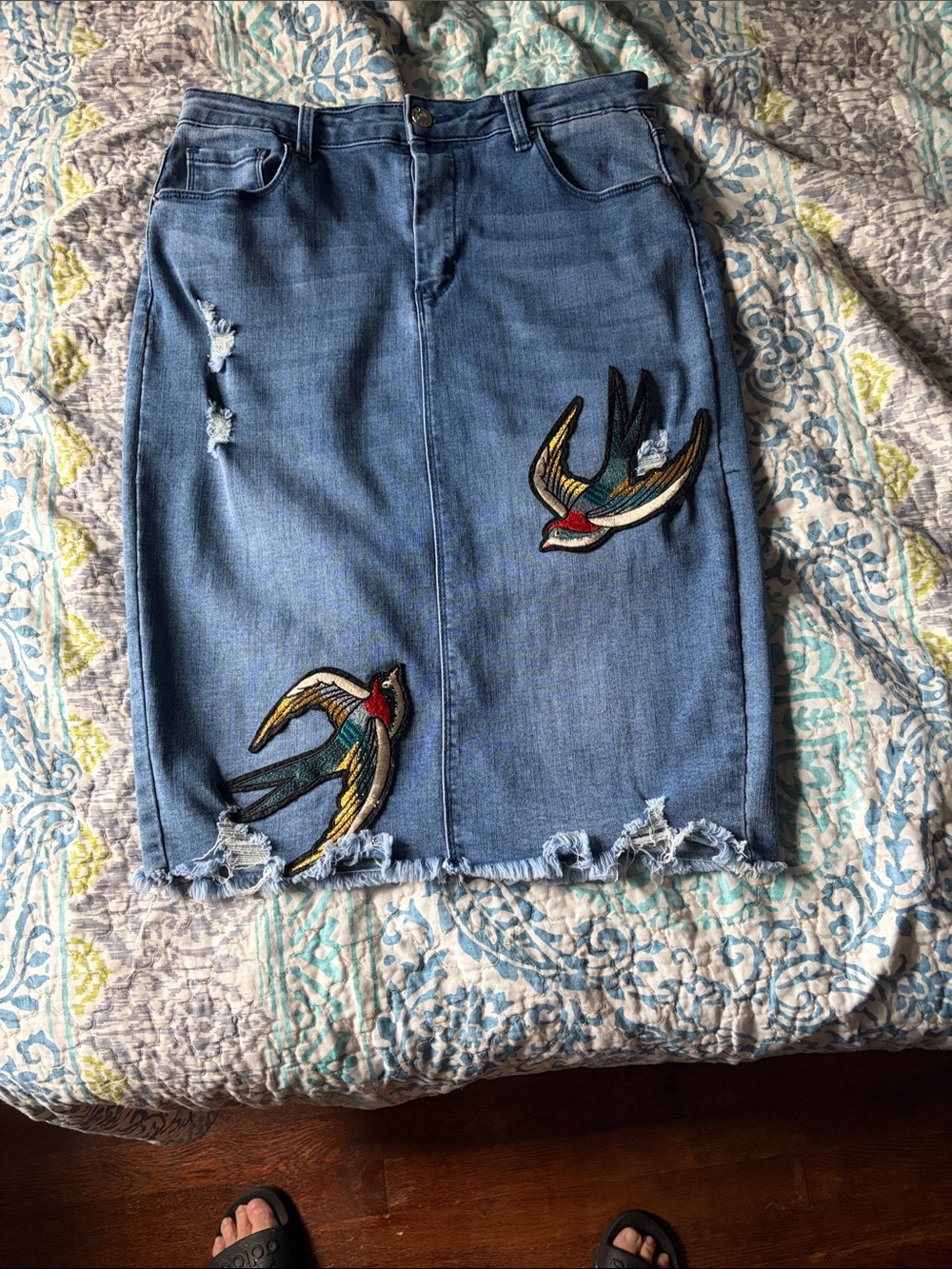 Denim Blue Embroidered Bird Pencil Skirt